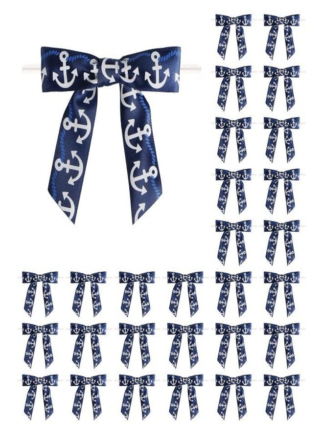 Meseey 30 Pcs Nautical Ribbon 3 Inch Navy Blue White Stripes Anchor Twist Tie Bows for for Beach Coasta Gift Wrapping, Baby Shower,Wedding, Party Favors, Cake Pops,Treat Bags (Nautical Bow) - Image 1